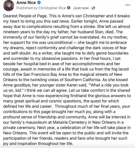 Comunicado oficial da morte de Anne Rice, feito pelo filho da romancista no Facebook