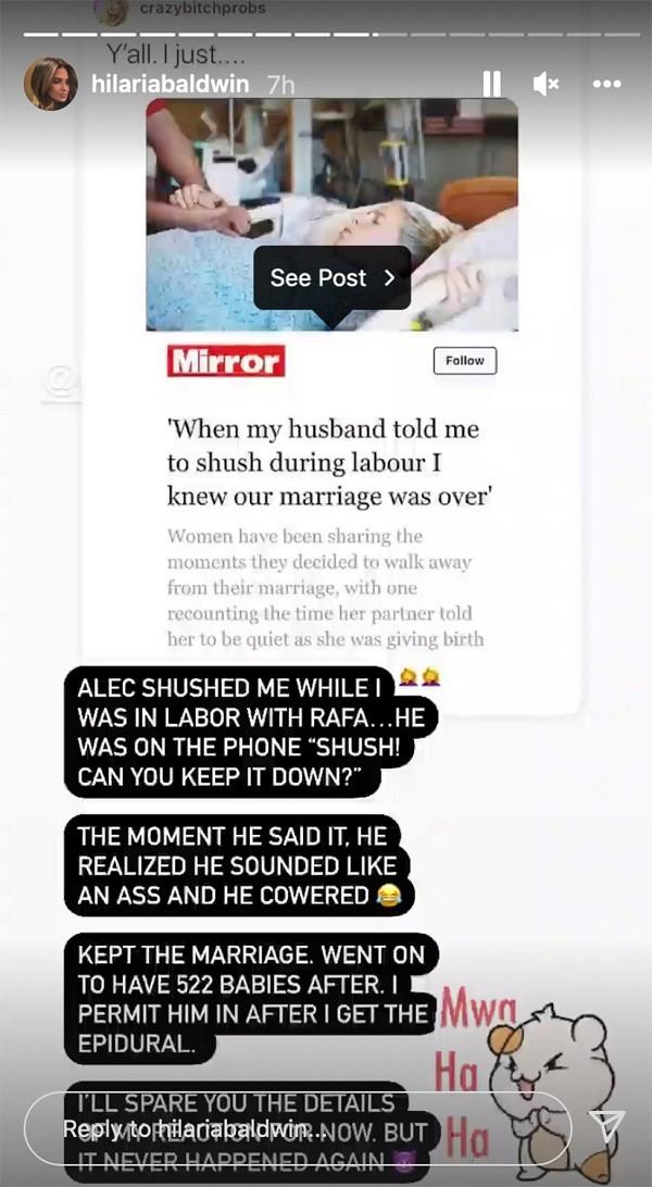 Print dos story do Instagram de Hilaria Baldwin em que ela narra momento em que esposo Alec Baldwin mandou ela calar a boca durante o parto de um dos filhos do casal