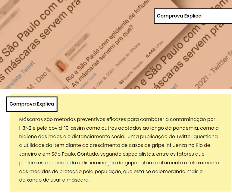 O Projeto Comprova explicou o uso de máscara como proteção da influenza