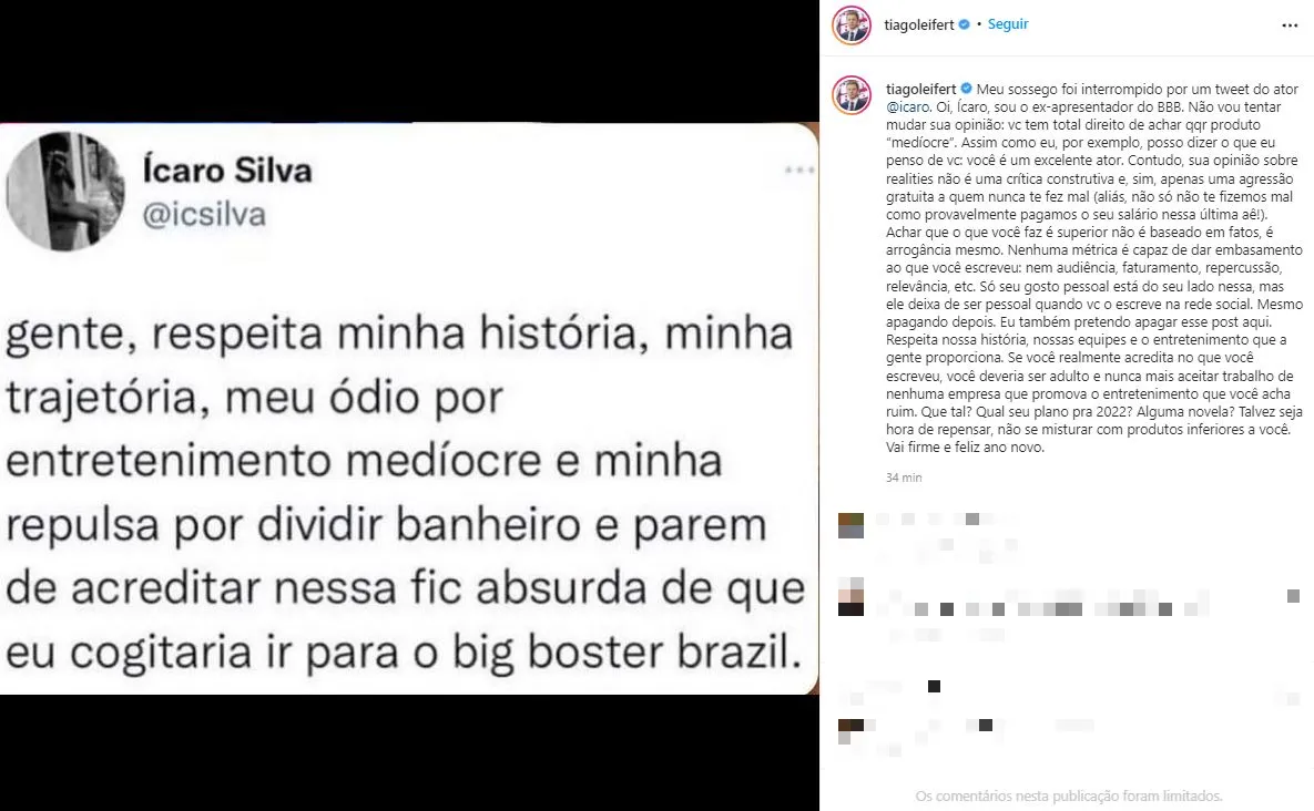 Tiago Leifert usou o Instagram para se posicionar sobre o assunto