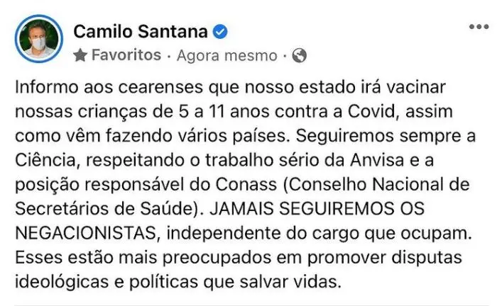 Comunicado de Camilo Santana sobre vacinação de crianças de 5 a 11 anos contra Covid-19