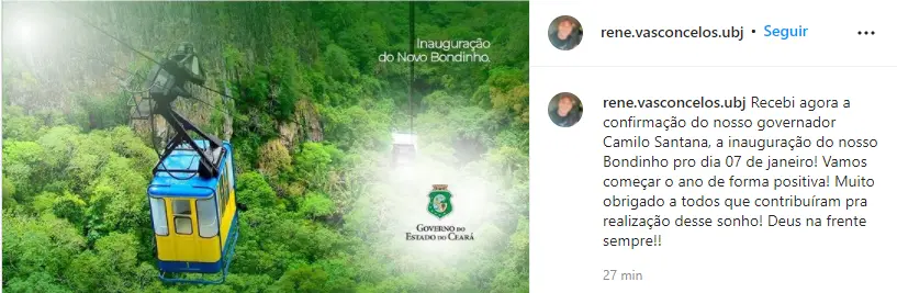 Print da postagem no Instagram feita pelo perfeito de Ubajara anunciando reabertura do bondinho de Ubajara