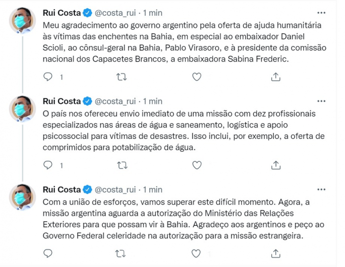 Governador da Bahia, Rui Costa, agradece oferta de ajuda argentina em uma tweet