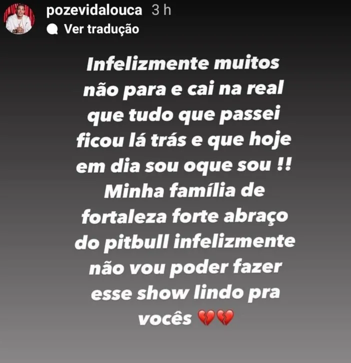 Mensagem de MC Poze do Rodo sobre o cancelamento do show
