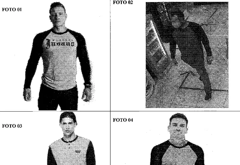 A foto de um policial militar, acusado de participar dos cinco homicídios, é comparada com imagens de três modelos, em um Inquérito Policial