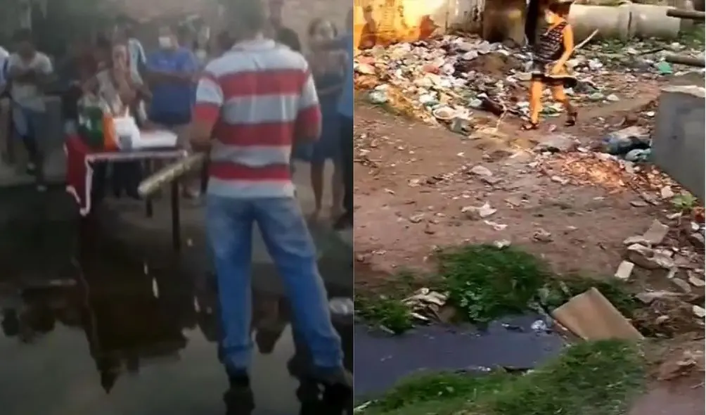 Montagem com fotos de moradores ao redor de mesa de aniversário colocada sobre a ponte (à esquerda) e mulher andando em meio a lixo e entulho existente ao lado da ponte (à direita)