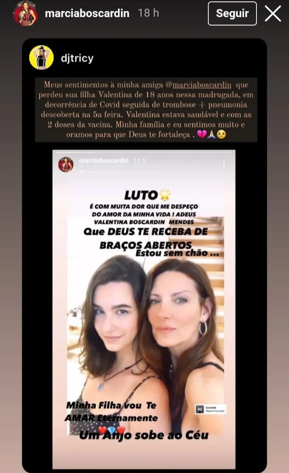 Márica Boscardin compartilhou seu luto nas redes sociais