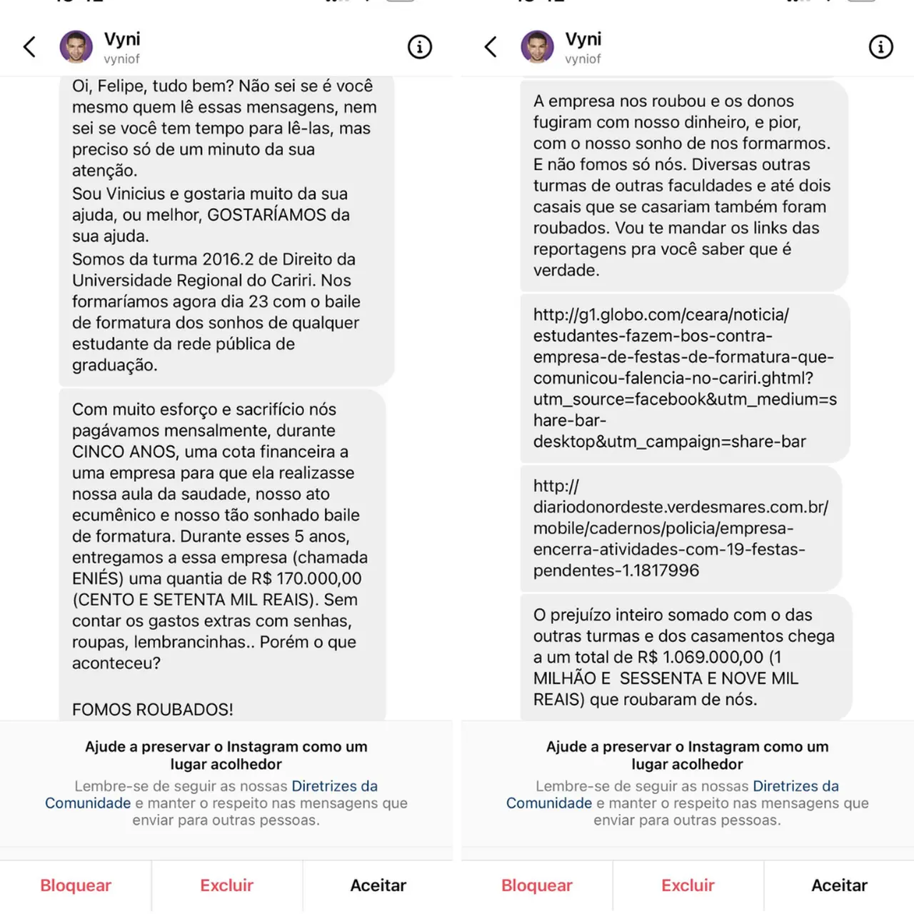 Print de mensagens enviadas por brother Vinicius ao Felipe Neto