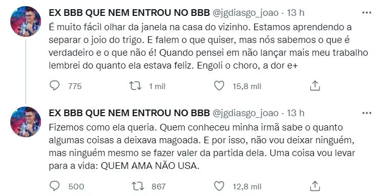 Sequência de tweets de João Gustavo sobre Naiara Azevedo