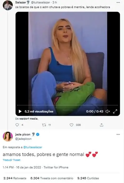 Resposta de perfil de Jade Picon no Twitter sobre pobres