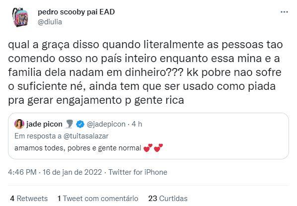 Usuário do Twitter em resposta a tuíte de página de Jade Picon sobre amar pessoas pobres