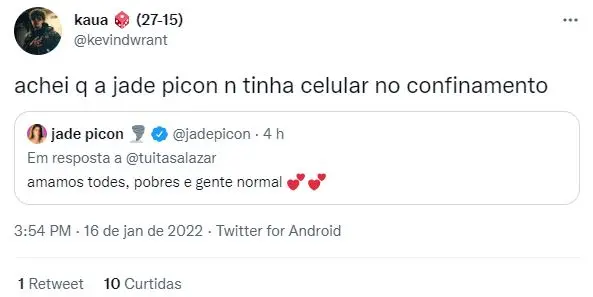 Usuário do Twitter em resposta a tuíte de página de Jade Picon sobre amar pessoas pobres