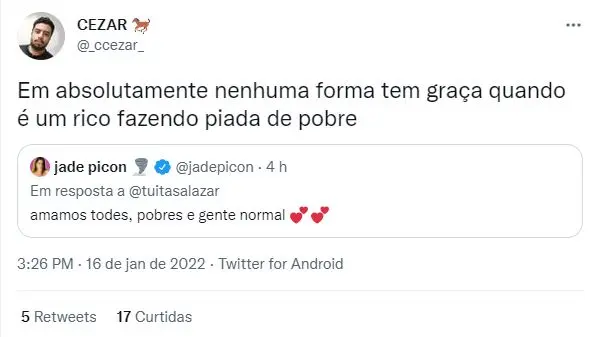 Usuário do Twitter em resposta a tuíte de página de Jade Picon sobre amar pessoas pobres
