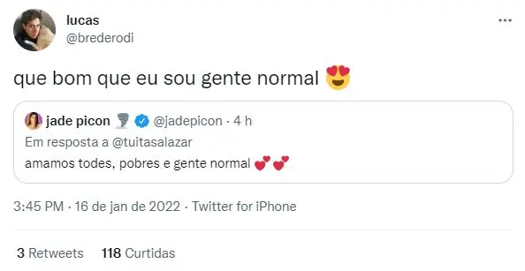 Usuário do Twitter em resposta a tuíte de página de Jade Picon sobre amar pessoas pobres