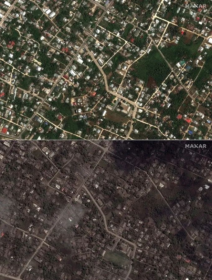 Casas e edifícios em Tonga, em 29 de dezembro de 2021 (acima) e em 18 de janeiro de 2022 (abaixo), antes e depois da erupção do vulcão submarino