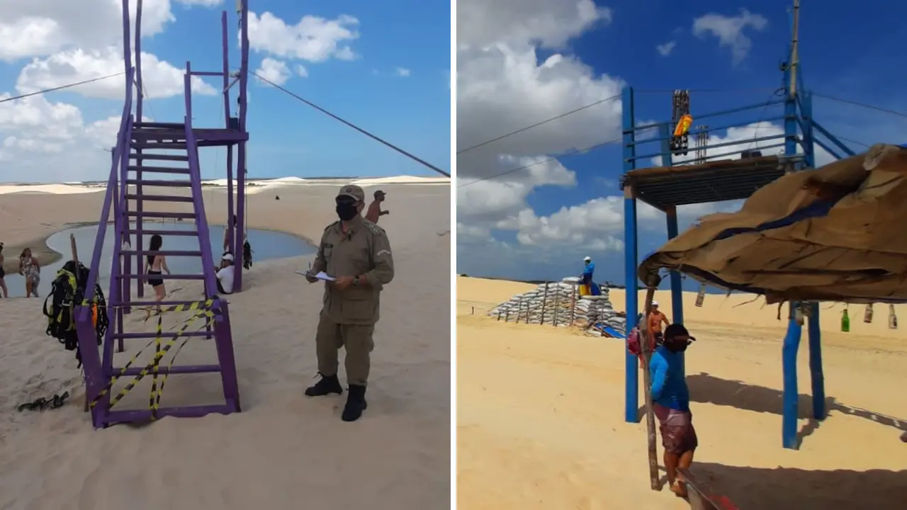 Montagem com bombeiros interditando tirolesa em camocim