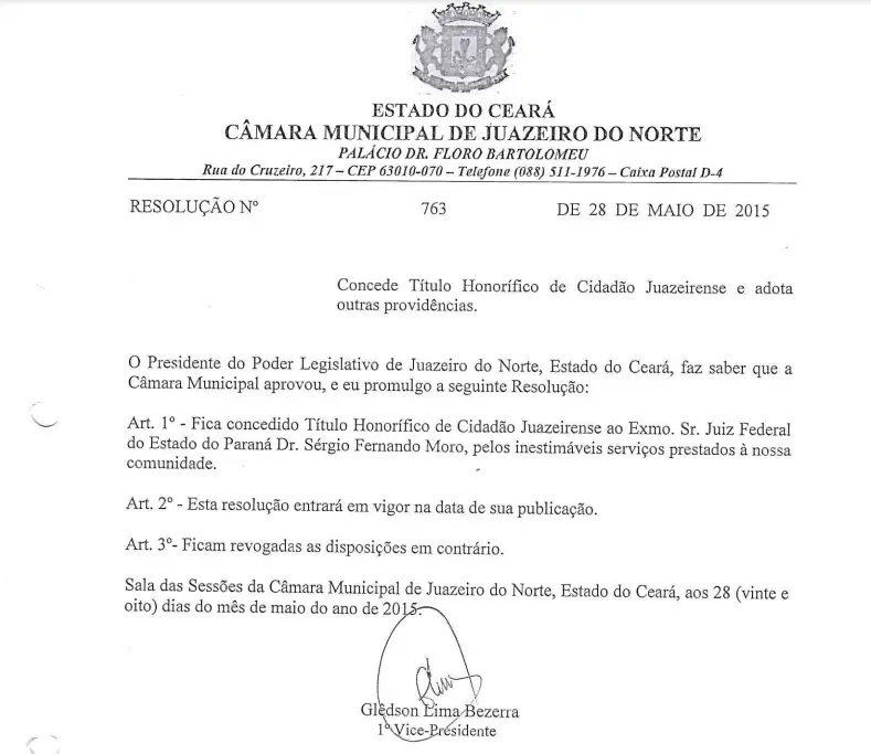 Documento que concedeu título de Cidadão Juazeirense a Sérgio Moro em 2015