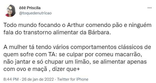 Tweet em que usuária comenta má alimentação de Bárbara no BBB 22