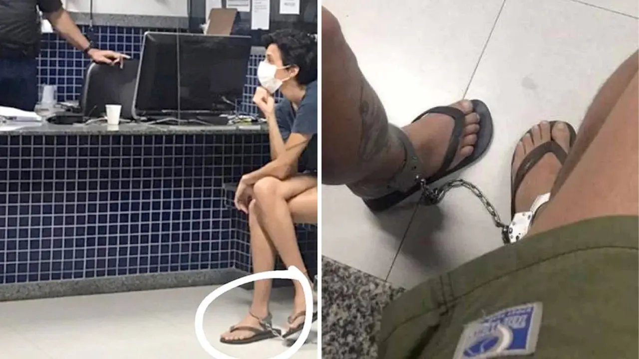 Ana Beatriz Coelho algemada pelos pés na Delegacia Regional de Vila Velha, após fazer topless