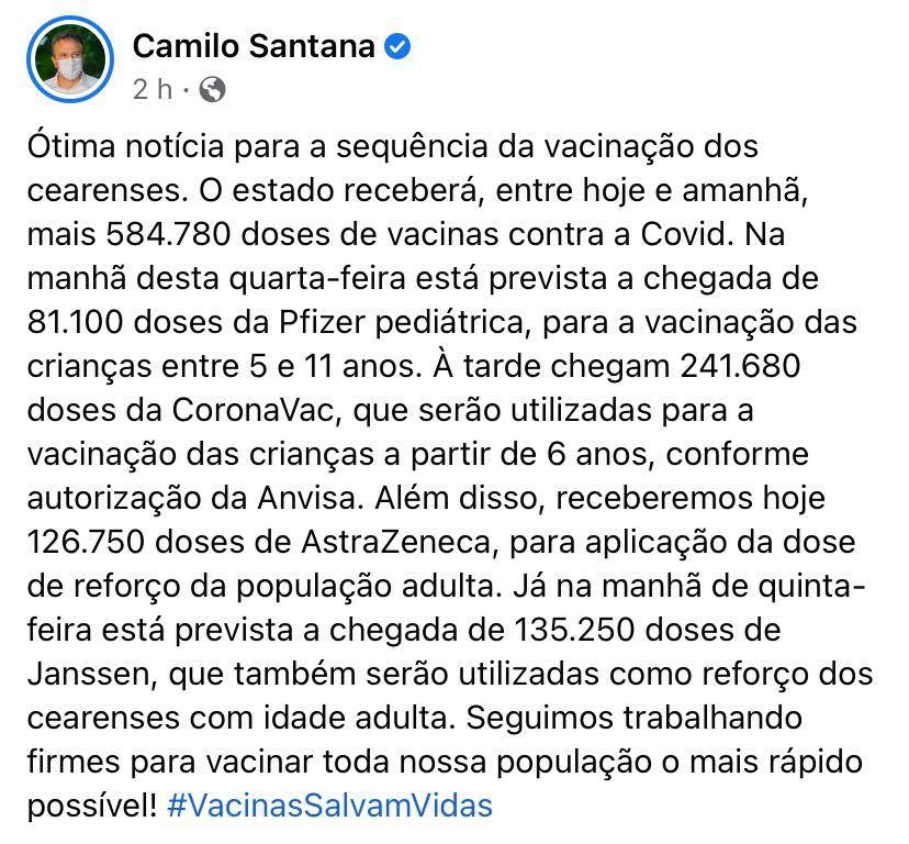 camilo santana anuncia vacinas para o Ceará