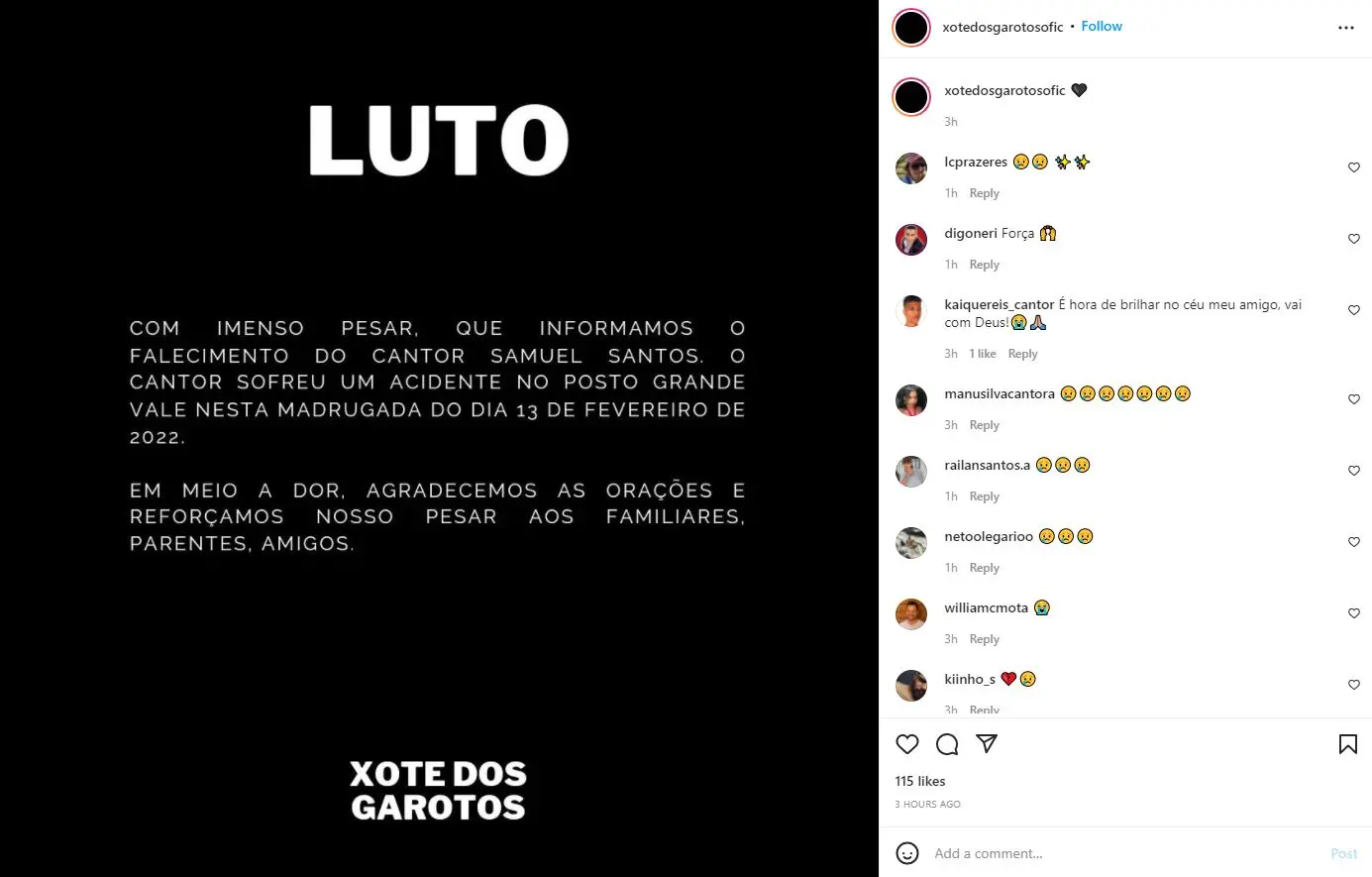 Nota de pesar sobre morte de Samuel Santos, da banda Xote dos Meninos