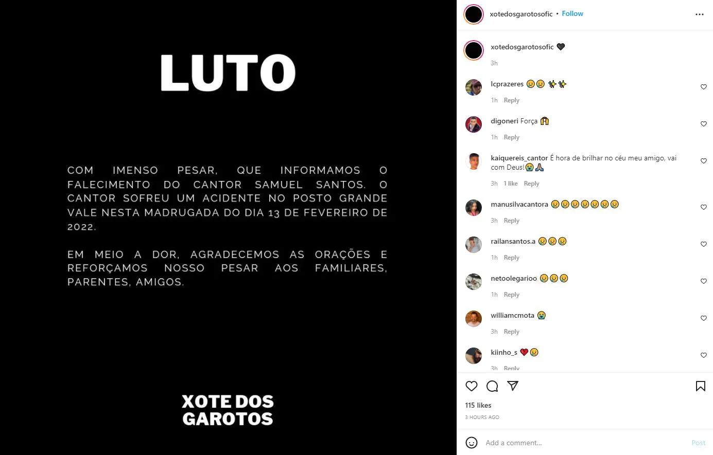 Perfil do grupo informou que acidente ocorreu no Posto Grande Vale