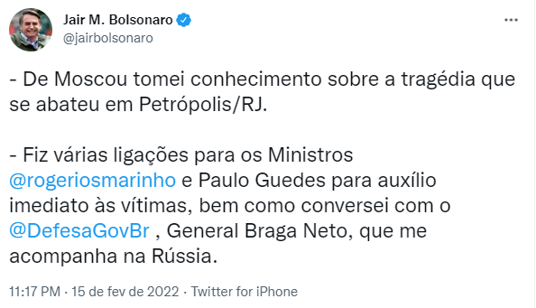 Tweet Bolsonaro em que ele se solidariza sobre chuvas em Petrópolis