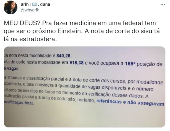 Usuária do Twitter comenta sobre nota de corte para o curso de medicina do Sisu 2022