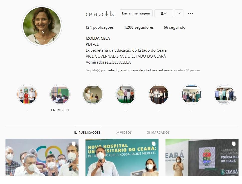Perfil não-oficial de Izolda Cela no Instagram já tem mais de 4 mil seguidores, dentre eles, muitos políticos