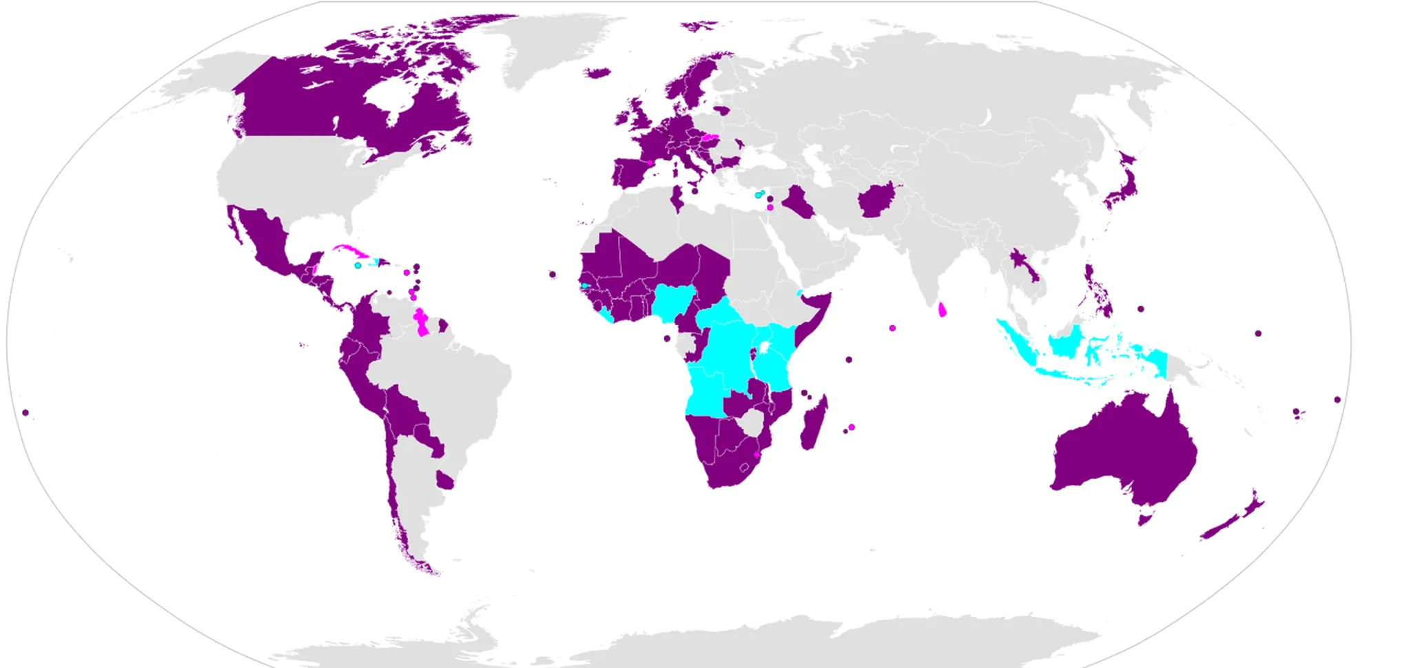 Signatários da Convenção sobre Munições Cluster (azul), estados membros (roxo) e não participantes (cinza)