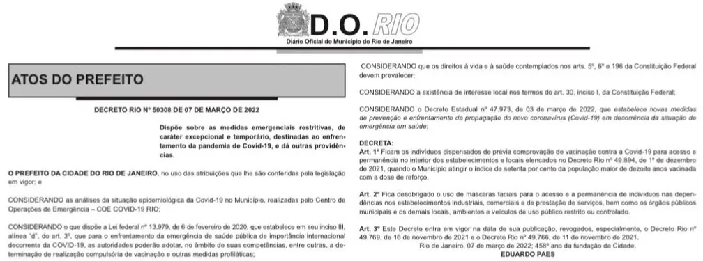 Rio derruba obrigatoriedade de máscara