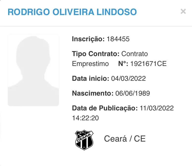 Rodrigo Lindoso teve nome publicado no BID e está apto para estrear pelo Ceará Sporting Club