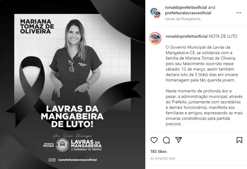 Gestão municipal prestou condolências pela morte da jovem publicamente