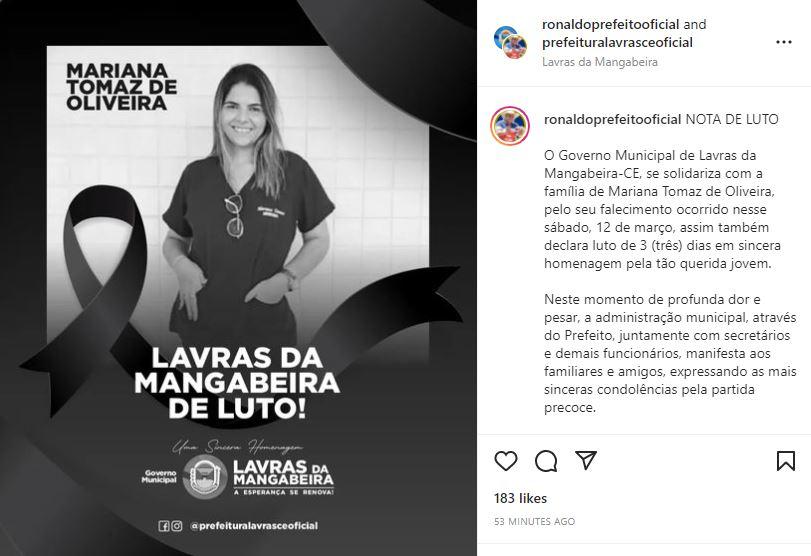 Captura de tela com comunicado de luto pelo prefeito de Lavras da Mangabeira pela morte de Mariana Thomas Oliveira