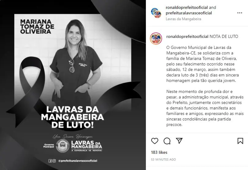 Captura de tela com comunicado de luto pelo prefeito de Lavras da Mangabeira pela morte de Mariana Thomas Oliveira