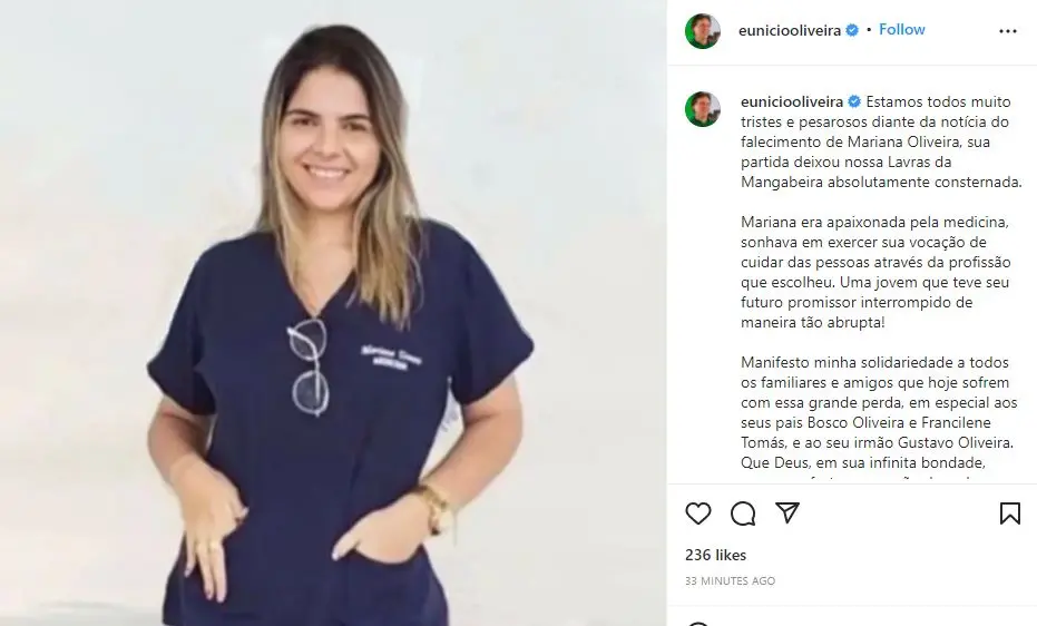 Captura de tela com comunicado de luto pelo prefeito de Lavras da Mangabeira pela morte de Mariana Thomas Oliveira