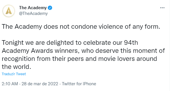 Em tweet, A Academia condena violência em Oscar 2022