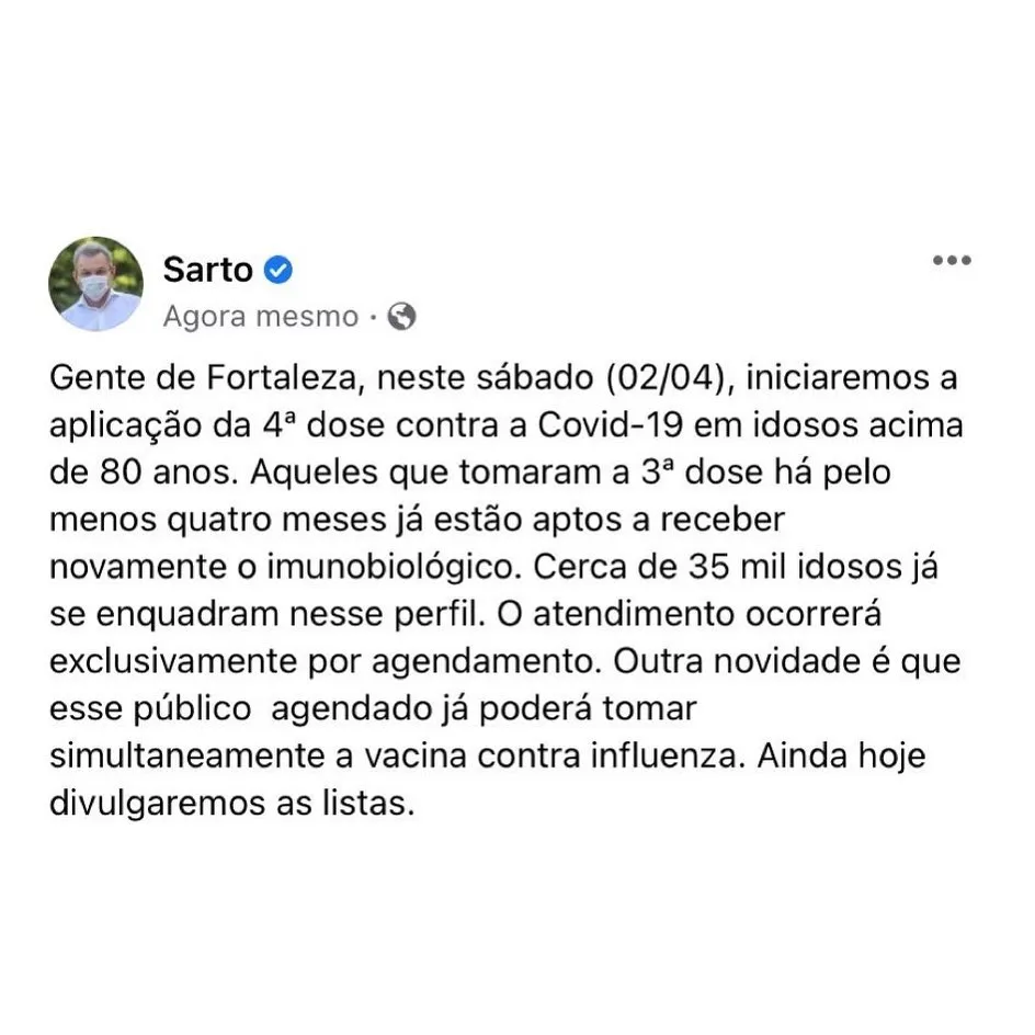 Sarto fez o anúncio em publicação nas redes sociais