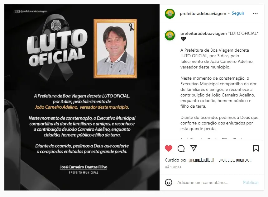 nota da prefeitura de boa viagem compartilhada no instagram