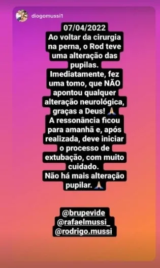 Atualização do quadro de saúde foi compartilhada pelas redes sociais