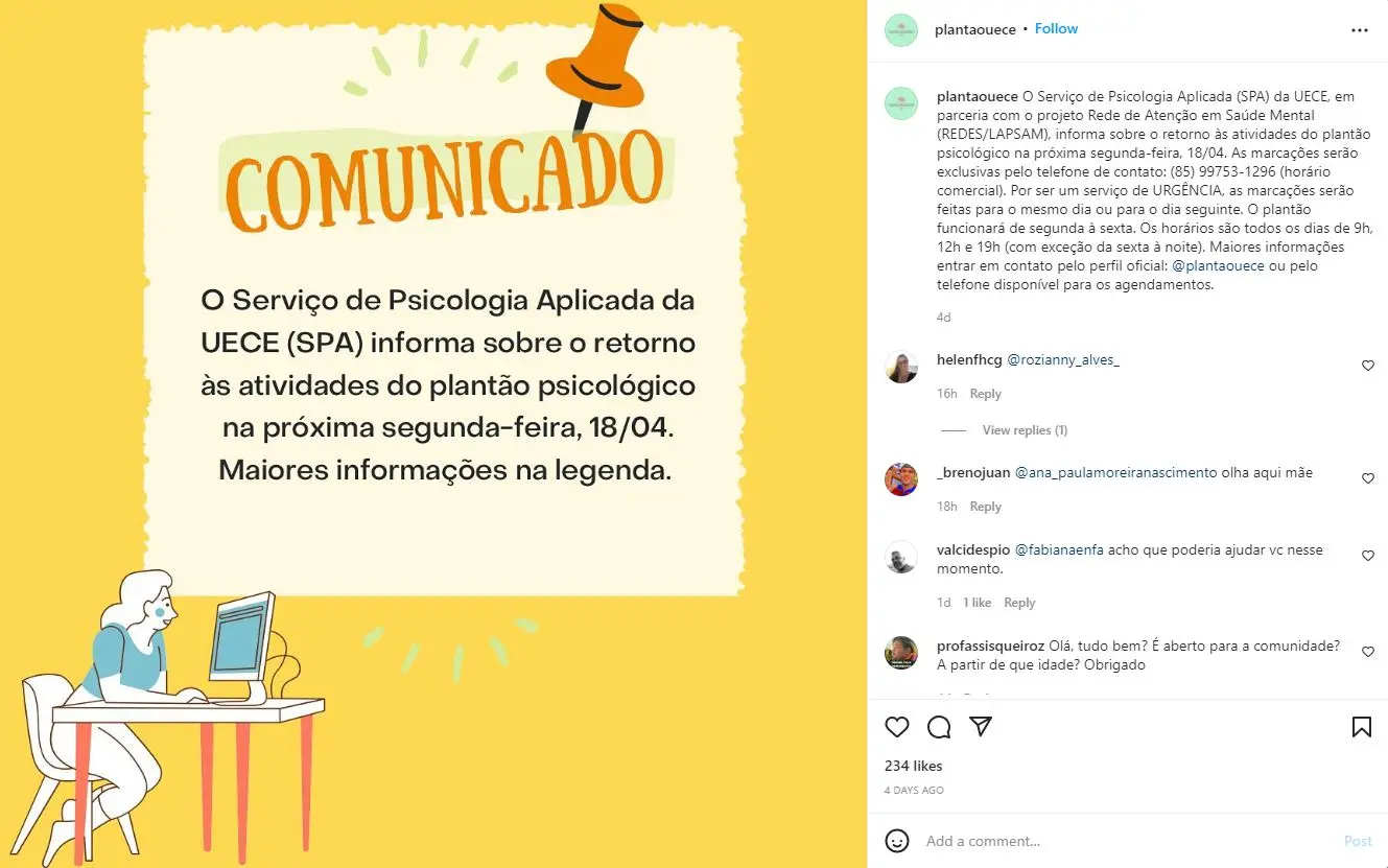 Captura de tela de postagem no Instagram com anúncio de retomada de atendimento psicólogico