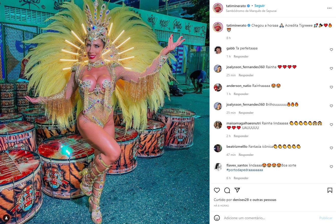 Postagem de Tati Minerato no Instagram exibindo fantasia com 50 mil cristais na Marquês de Sapucaí