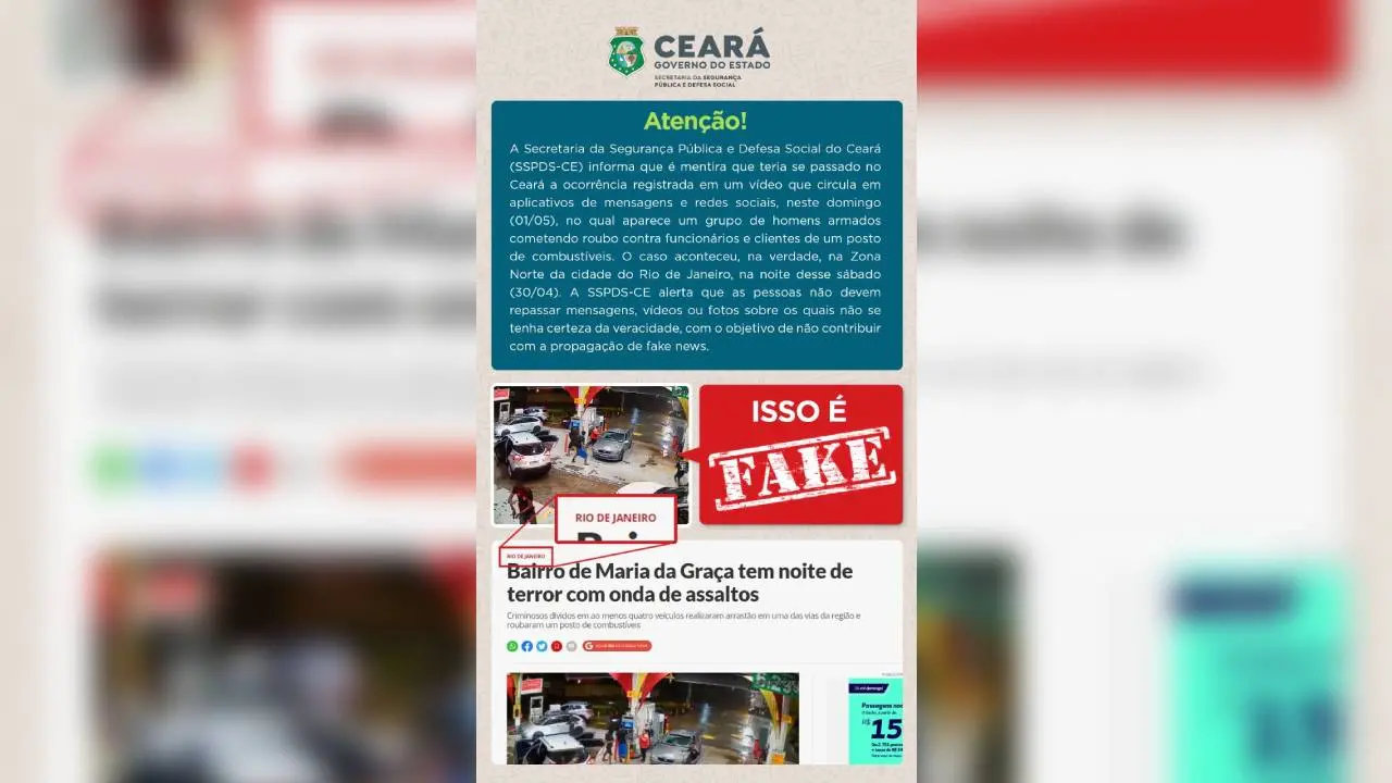 Captura de tela sobre aviso de fake news pela SSPDS