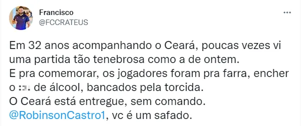 Torcedor do Ceará critica jogadores em festa