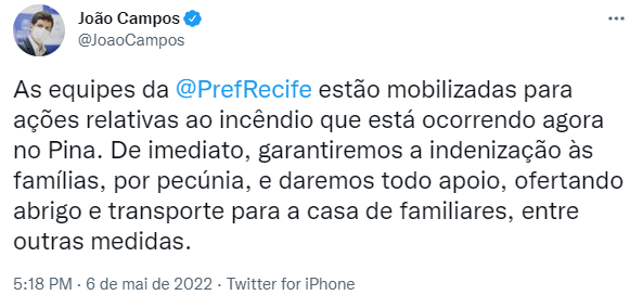 Tweet João Campo sobre incêndio na comunidade Pina