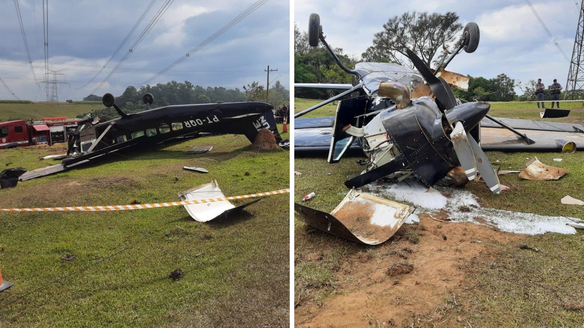 Montagem de imagens mostra estroços de avião após piloto fazer pouso de emergência em Boituva