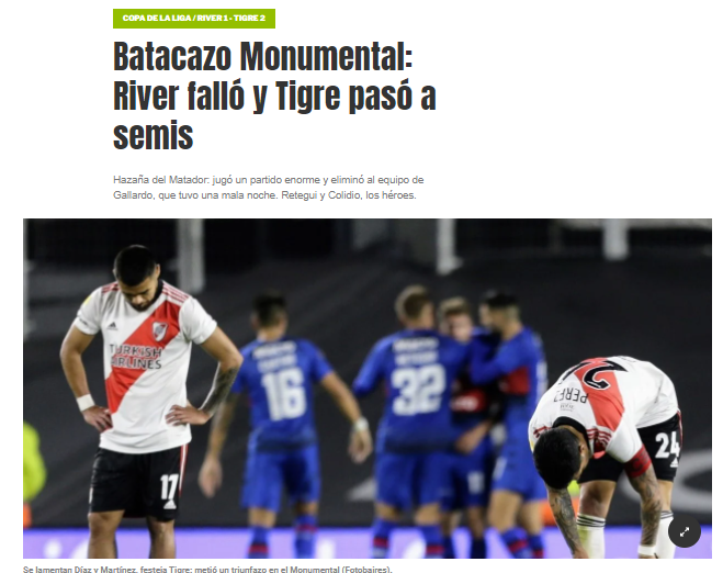 Capa do Diário Olé sobre a eliminação do River Plate