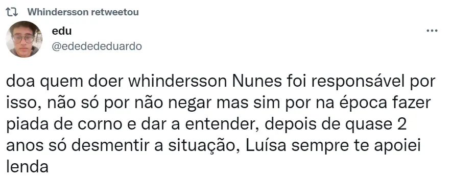 Whindersson Nunes retweeta tweet sobre ter responsabilidade sobre ataques de ódio contra Luísa Sonza