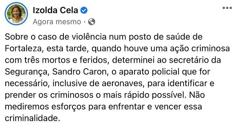 Governadora se posicionou nas redes sociais sobre o caso