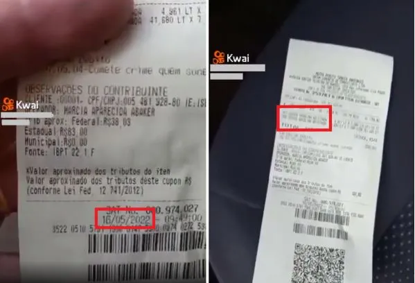 Nota fiscal mostra que o homem abasteceu com gasolina aditivada (dir.) no dia 16 de maio (esq.)